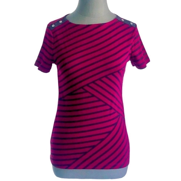 NWT KAREN SCOTT Red Blue Asymmetrical Stripe Cotton T-Shirt Short Sleeve Tee Top - Picture 3 of 4
